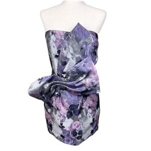 NEW Jovani Mini Strapless Bow Tie Dress Grey Purple Satiny Floral Print Size 8